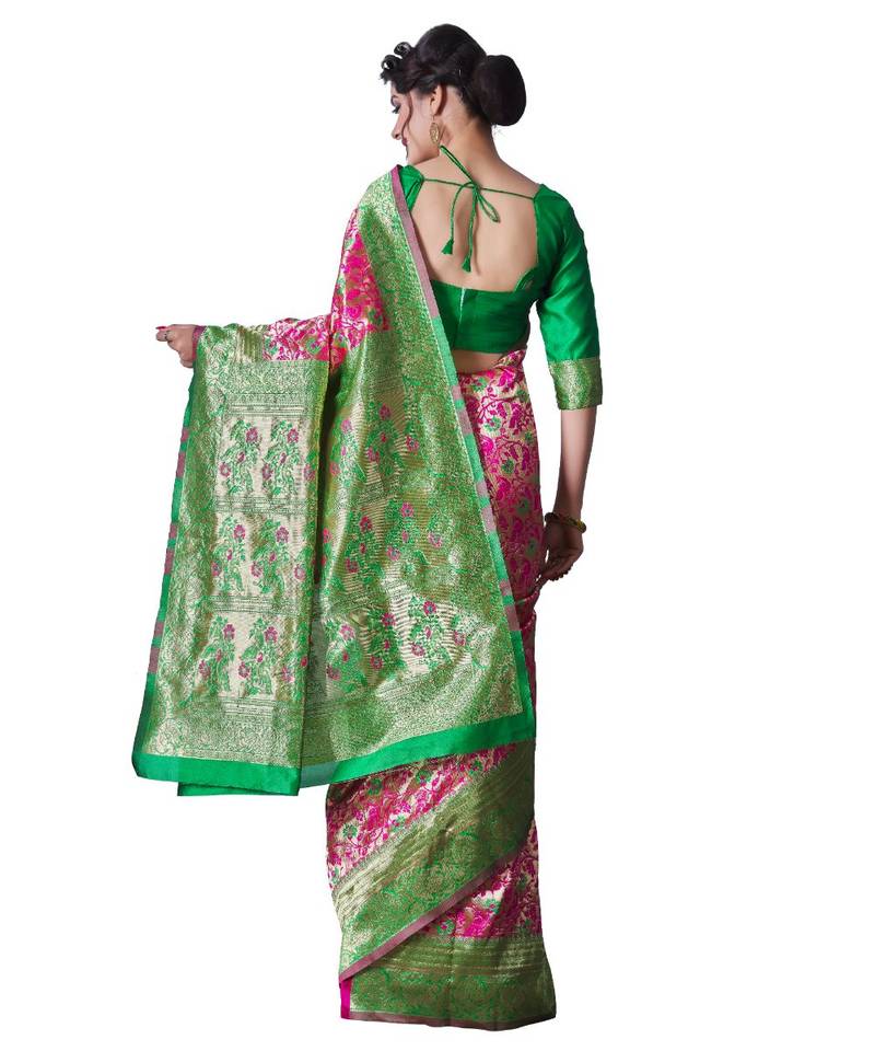 PINK GREEN Banarasi Jacquard  Saree With Blouse