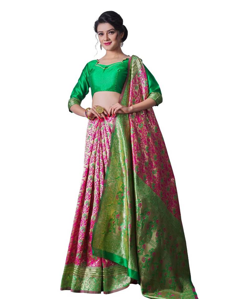 PINK GREEN Banarasi Jacquard  Saree With Blouse