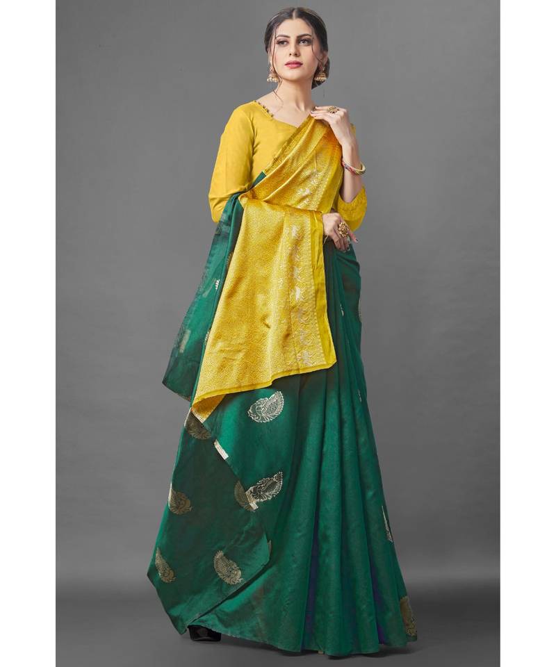 RICH GREEN Kanchipuram Jacquard  Saree With Blouse