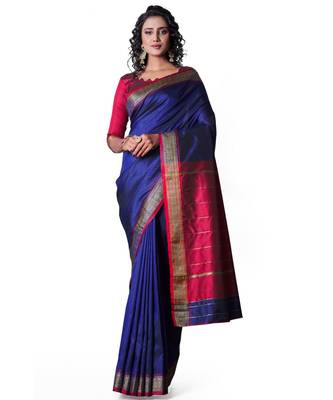 NAVY BLUE Banarasi Soft Silk  Saree With Blouse 1