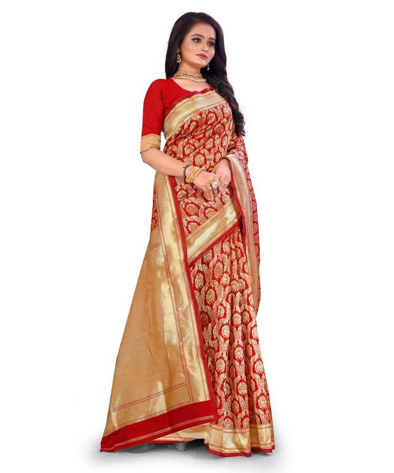 Red All Over  Banarasi  Printed Weaving Saree With Seprate Blouse