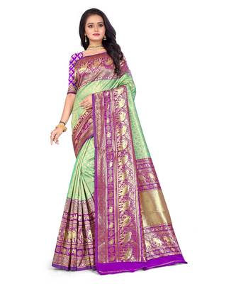 Parrot Green Banarasi  All Over Weaving Saree With Seprate Blouse 1