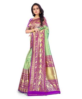 Parrot Green Banarasi  All Over Weaving Saree With Seprate Blouse 3
