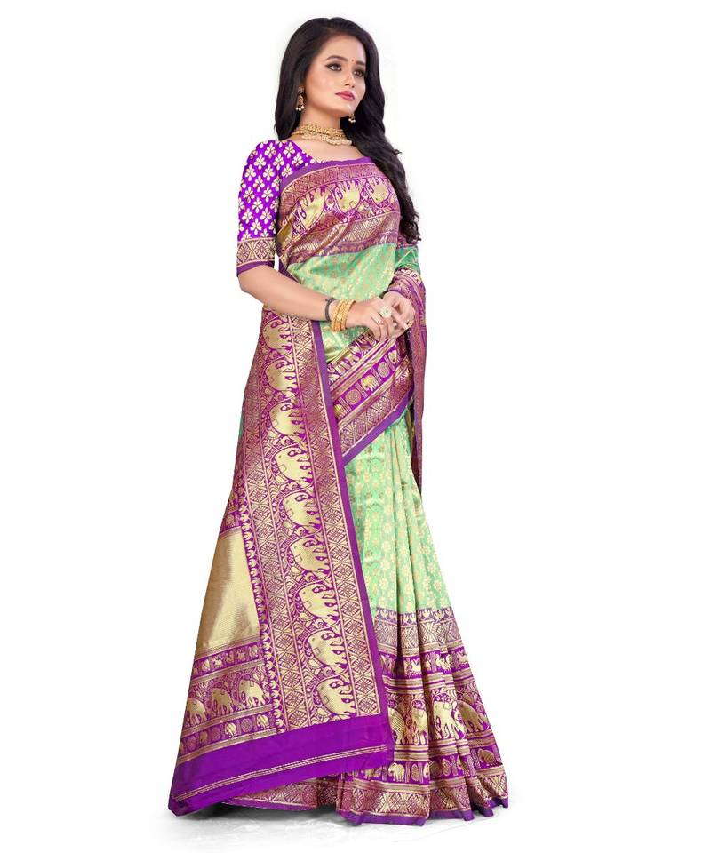 Parrot Green Banarasi  All Over Weaving Saree With Seprate Blouse