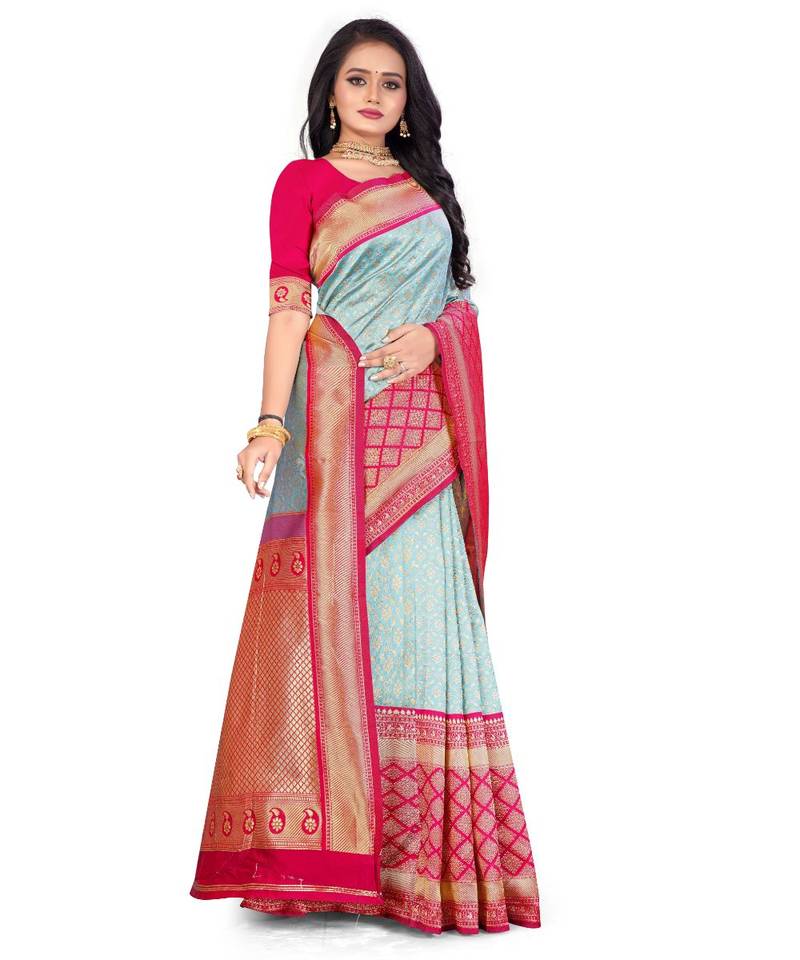 Snuggle Spot Women's Banarasi silk Saree with Blouse (Sky blue, 5-6mtr)