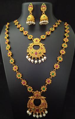 South Indian Style Temple Jewellery Green Pink Matte Finish Combo Set 1