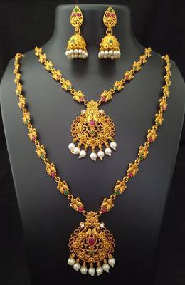 Matte Finish Royal Peacock Style Combo Pink Green Temple Jewellery set 1