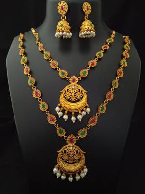 Matte Finish Flower Style Temple Jewellery Pink Green Set 1