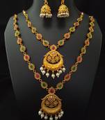 Matte Finish Flower Style Temple Jewellery Pink Green Set