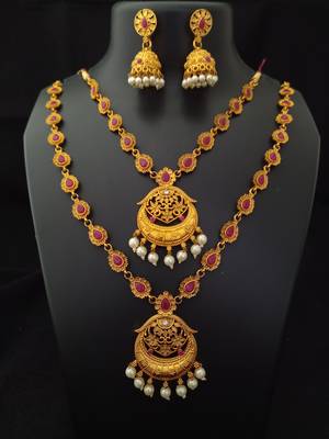Matte Finish Flower Style Temple Jewellery Pink Set 1