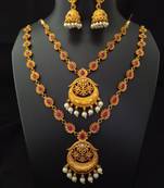 Matte Finish Flower Style Temple Jewellery Pink Set