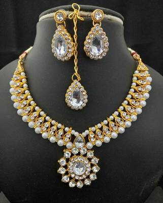 White CZ Kundan Pearl 4 Pc Full Jewellery set 1