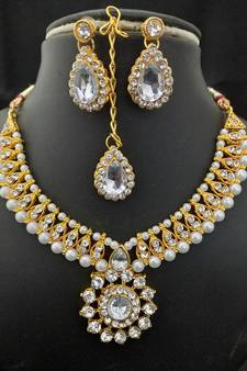 White CZ Kundan Pearl 4 Pc Full Jewellery set