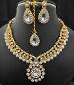 White CZ Kundan Pearl 4 Pc Full Jewellery set