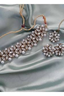 Kundan CZ Pearl Choker 4 pc Full Jewellery set