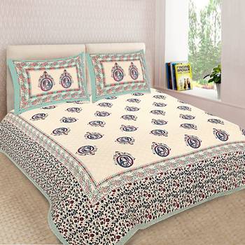 Ridan Multicolour  Cotton Ethnic Jaipuri King Size Double  Bed Sheet With Pillow Cover 1
