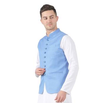Blue plain viscose nehru-jacket 2