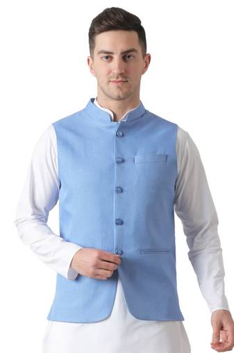Blue plain viscose nehru-jacket