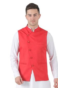 Red plain viscose nehru-jacket