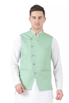 Green plain viscose nehru-jacket