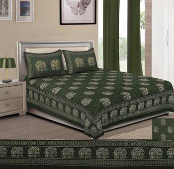 Olive Green Pure Cotton Handloom Printed King Size Bedsheet with 2 Pillow Covers 1