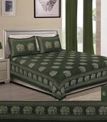 Olive Green Pure Cotton Handloom Printed King Size Bedsheet with 2 Pillow Covers