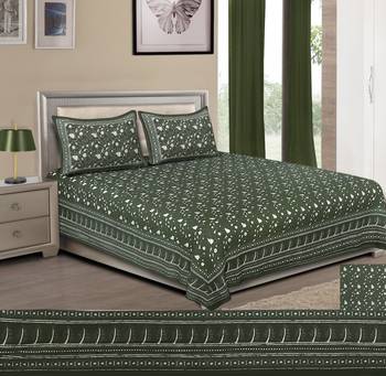 Olive Green Pure Cotton Handloom Printed King Size Bedsheet with 2 Pillow Covers 1
