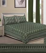 Olive Green Pure Cotton Handloom Printed King Size Bedsheet with 2 Pillow Covers