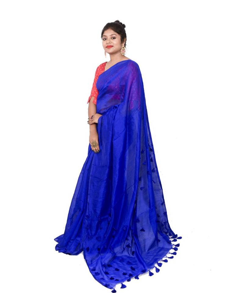 Cotton silk Handloom Pompom Palu  saree with blouse piece