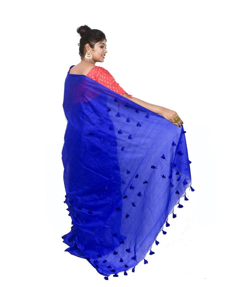 Cotton silk Handloom Pompom Palu  saree with blouse piece