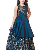 New Kids Blue Embroidery N Golden foil Satin redaymade Festive Gown Dress for Girls