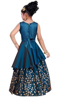 New Kids Blue Embroidery N Golden foil Satin redaymade Festive Gown Dress for Girls 2
