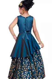 New Kids Blue Embroidery N Golden foil Satin redaymade Festive Gown Dress for Girls