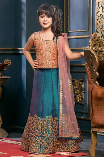 White Button new kids Rama silk coding work readymade Lehenga choli For Girls