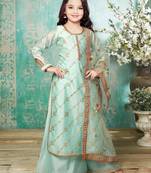 White Button New Girl's Chanderi Silk Firozi Palazzo Salwar Suit for kids
