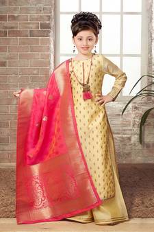 White Button Girls Lime yellow Chanderi Silk Embroidery readymade salwar with palazzo suit set