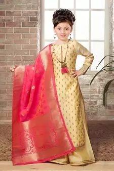 White Button Girls Lime yellow Chanderi Silk Embroidery readymade salwar with palazzo suit set