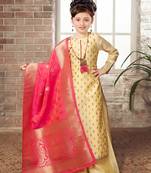 White Button Girls Lime yellow Chanderi Silk Embroidery readymade salwar with palazzo suit set