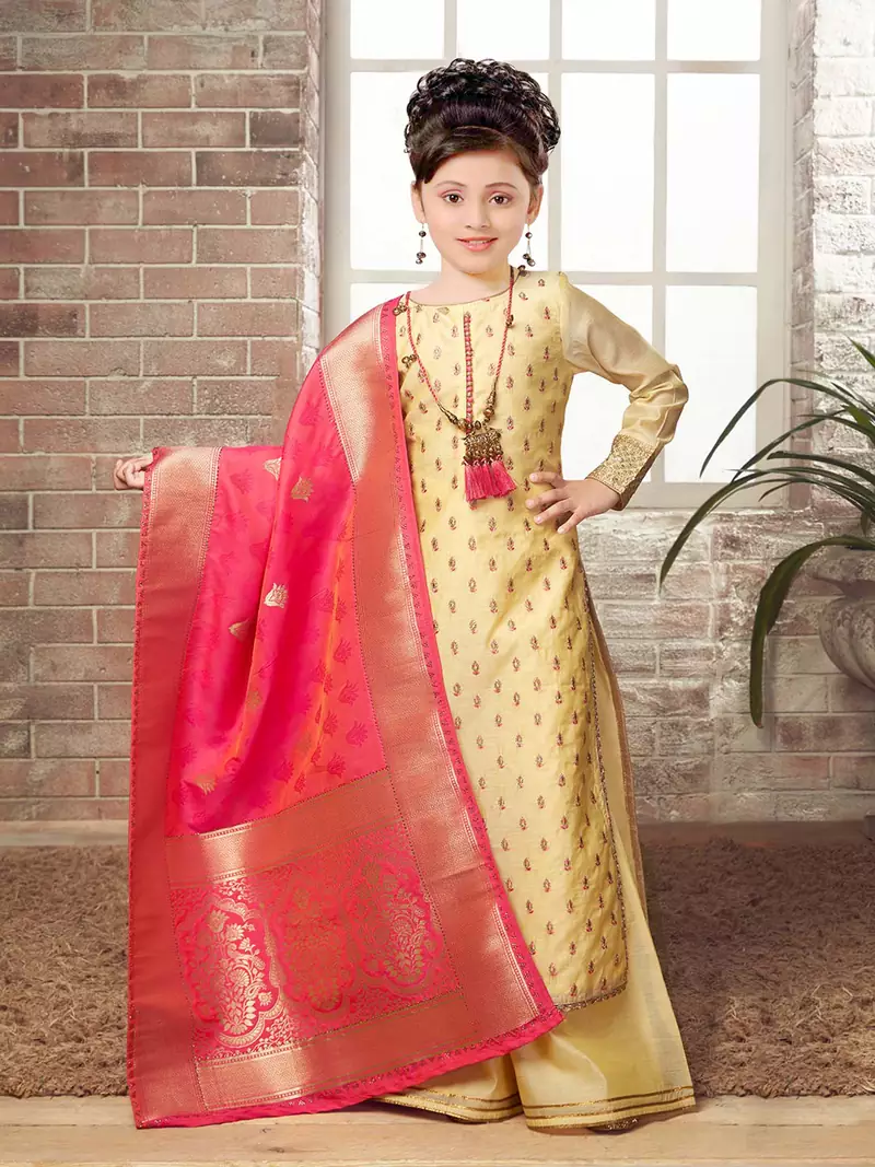 White Button Girls Lime yellow Chanderi Silk Embroidery readymade salwar with palazzo suit set