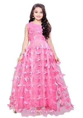 White Button Girl's A-Line Pink butterfly Net Flair Dress 1