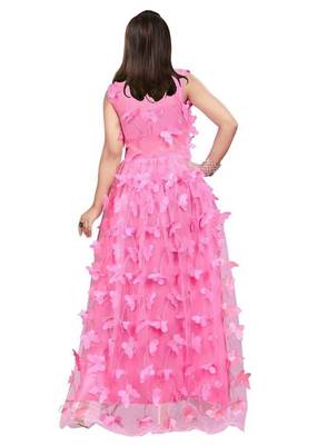 White Button Girl's A-Line Pink butterfly Net Flair Dress 2