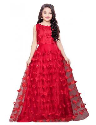 White Button Girl's A-Line Red butterfly Net Flair Dress 1