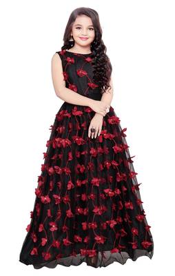 White Button Girl's A-Line Black Red butterfly Net Flair Dress 1