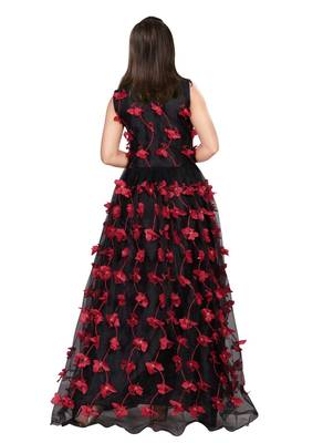 White Button Girl's A-Line Black Red butterfly Net Flair Dress 2