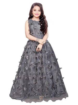 White Button Girl's A-Line Grey  butterfly Net Flair Dress 1