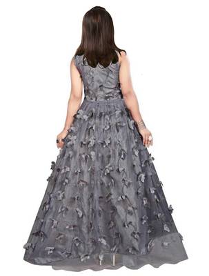 White Button Girl's A-Line Grey  butterfly Net Flair Dress 2