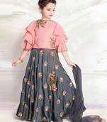 White button New Girls Peach And grey Silk Readymade Lehenga Choli for kids