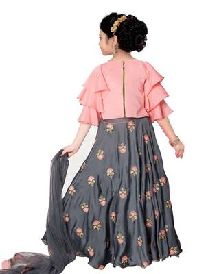 White button New Girls Peach And grey Silk Readymade Lehenga Choli for kids 2