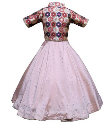 White Button pink butti taffeta Silk With jacquard Silk Jacket gown Dress For Girls 1