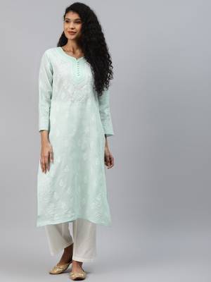 Ada Hand Embroidered Sea Green Cotton Lucknowi Chikan Kurta - A236281 1